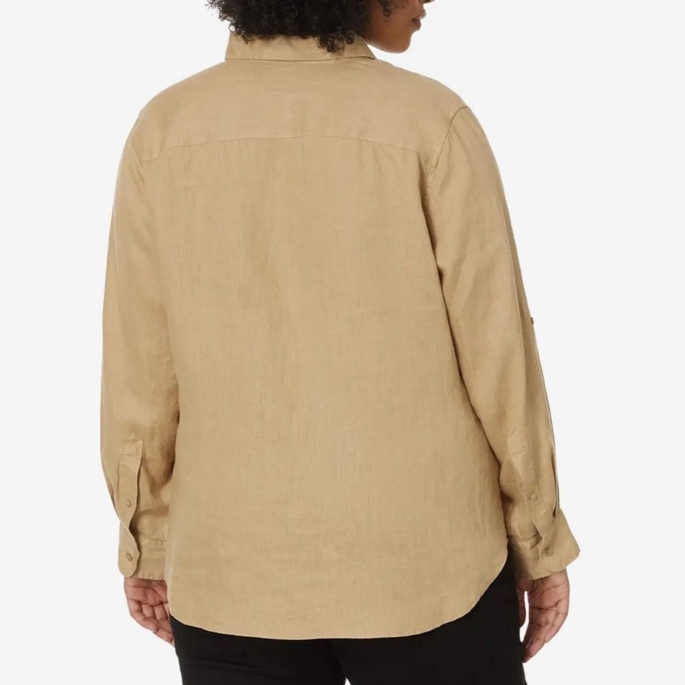 RALPH LAUREN Women’s 100% Linen Roll Tab Long Sleeve Button Down Shirt Tan XL - Picture 2 of 12